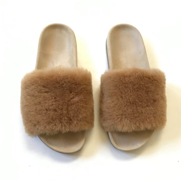 Jenni Kayne Shearling Slide Sandals Womens 39 9 Tan Brown Suede Open Toe Mules - Picture 7 of 13